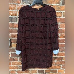 English Factory Burgundy Long Sleeve Textured Dress with Blue Cuffs Size Large